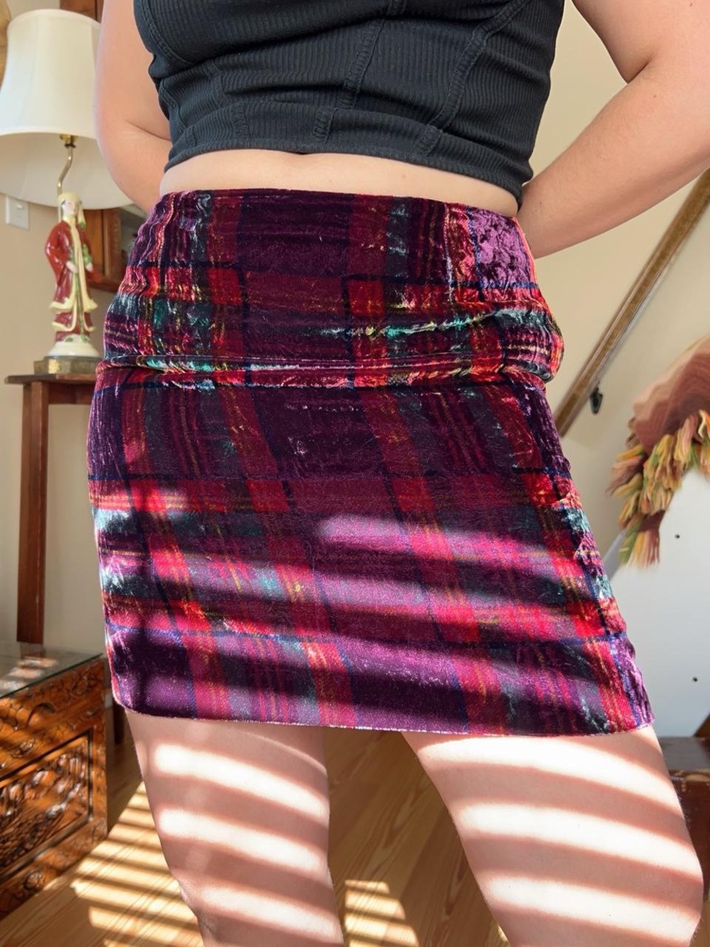 Vintage Y2K Boston Proper NWT Silk Blend Plaid Velvet Mini Skirt Size 12 Fitted